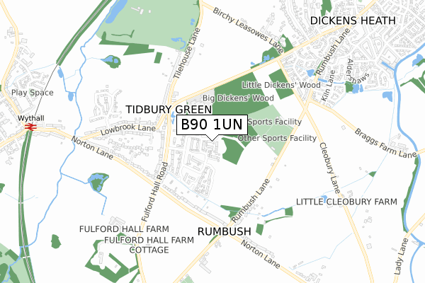 B90 1UN map - small scale - OS Open Zoomstack (Ordnance Survey)