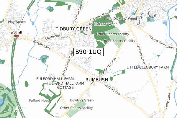 B90 1UQ map - small scale - OS Open Zoomstack (Ordnance Survey)