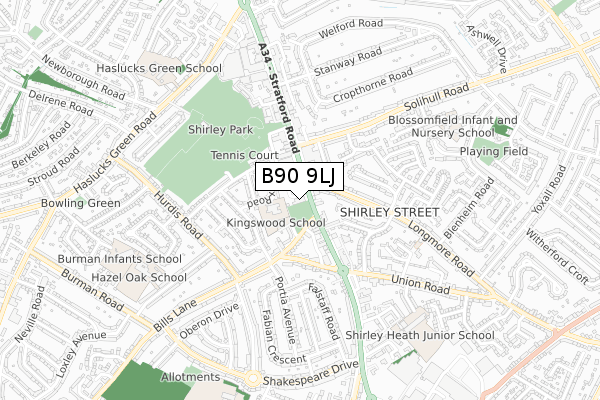 B90 9LJ map - small scale - OS Open Zoomstack (Ordnance Survey)