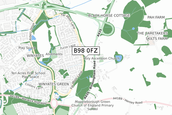 B98 0FZ map - small scale - OS Open Zoomstack (Ordnance Survey)