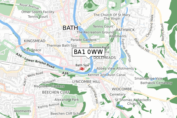 BA1 0WW map - small scale - OS Open Zoomstack (Ordnance Survey)