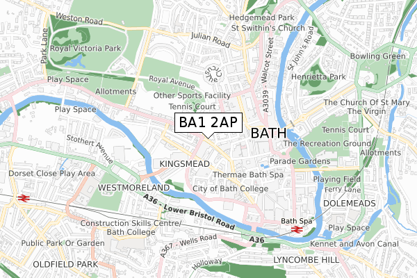 BA1 2AP map - small scale - OS Open Zoomstack (Ordnance Survey)