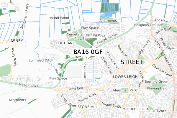 BA16 0GF map - small scale - OS Open Zoomstack (Ordnance Survey)