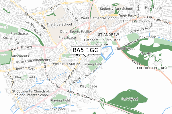 BA5 1GG map - small scale - OS Open Zoomstack (Ordnance Survey)