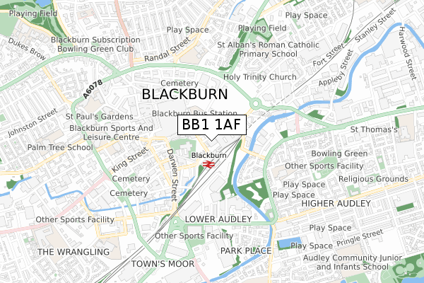 BB1 1AF map - small scale - OS Open Zoomstack (Ordnance Survey)