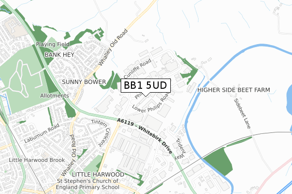 BB1 5UD map - small scale - OS Open Zoomstack (Ordnance Survey)