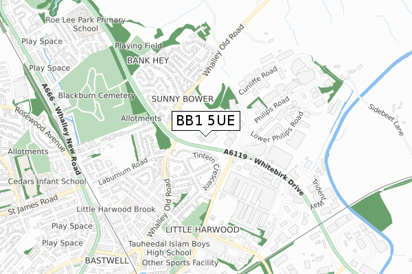 BB1 5UE map - small scale - OS Open Zoomstack (Ordnance Survey)