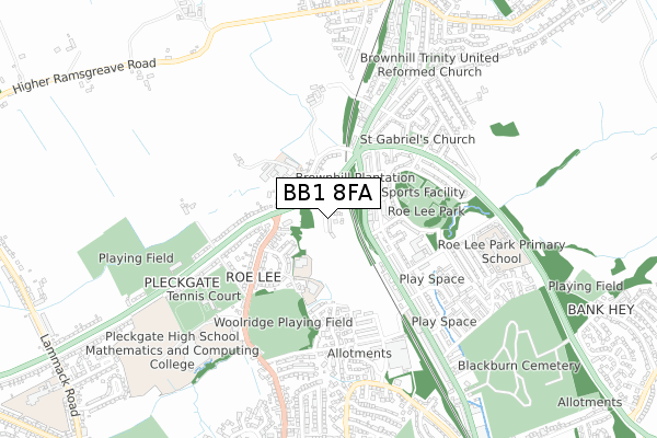 BB1 8FA map - small scale - OS Open Zoomstack (Ordnance Survey)