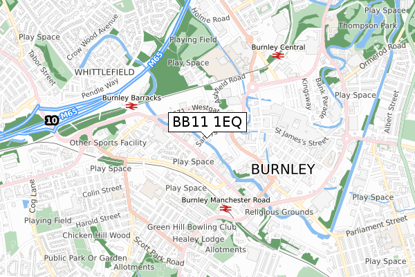 BB11 1EQ map - small scale - OS Open Zoomstack (Ordnance Survey)