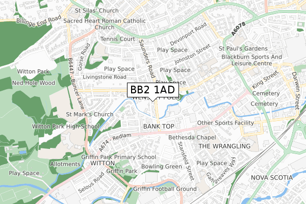 BB2 1AD map - small scale - OS Open Zoomstack (Ordnance Survey)