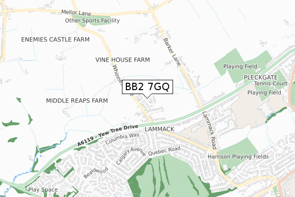BB2 7GQ map - small scale - OS Open Zoomstack (Ordnance Survey)
