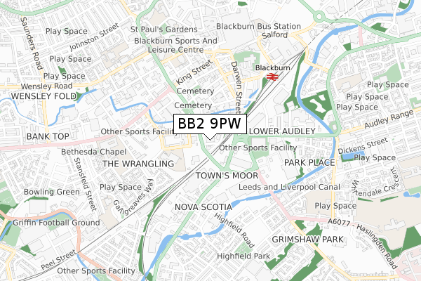 BB2 9PW map - small scale - OS Open Zoomstack (Ordnance Survey)