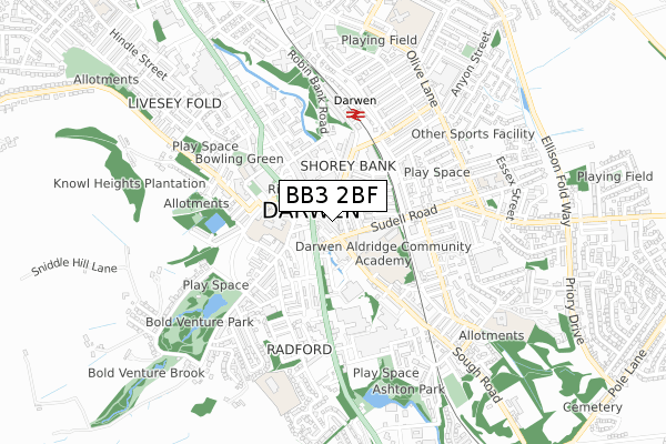 BB3 2BF map - small scale - OS Open Zoomstack (Ordnance Survey)