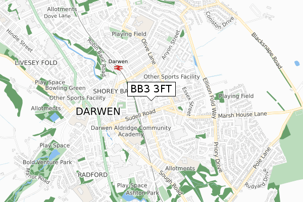 BB3 3FT map - small scale - OS Open Zoomstack (Ordnance Survey)