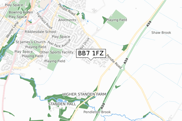 BB7 1FZ map - small scale - OS Open Zoomstack (Ordnance Survey)