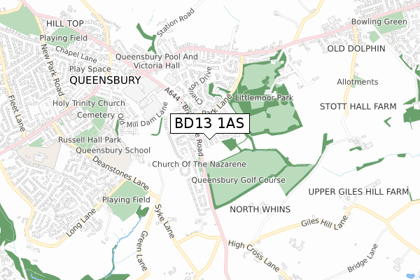 BD13 1AS map - small scale - OS Open Zoomstack (Ordnance Survey)