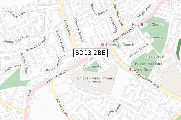 BD13 2BE map - large scale - OS Open Zoomstack (Ordnance Survey)