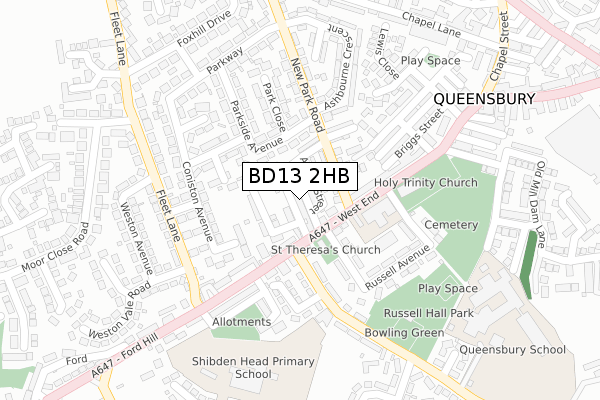 BD13 2HB map - large scale - OS Open Zoomstack (Ordnance Survey)