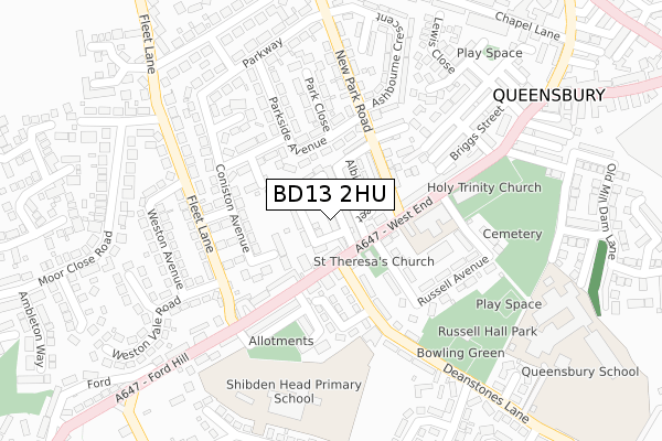 BD13 2HU map - large scale - OS Open Zoomstack (Ordnance Survey)