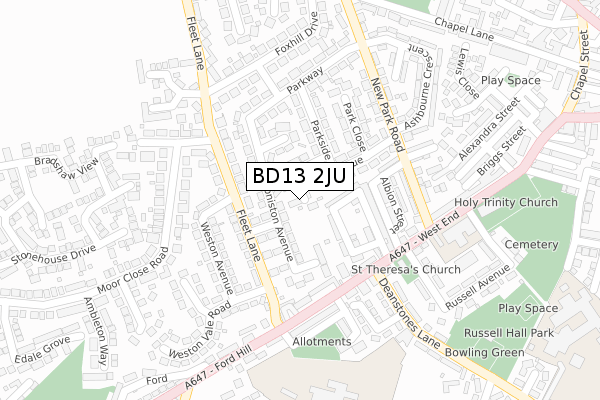 BD13 2JU map - large scale - OS Open Zoomstack (Ordnance Survey)