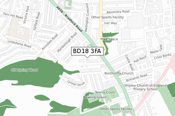 BD18 3FA map - large scale - OS Open Zoomstack (Ordnance Survey)