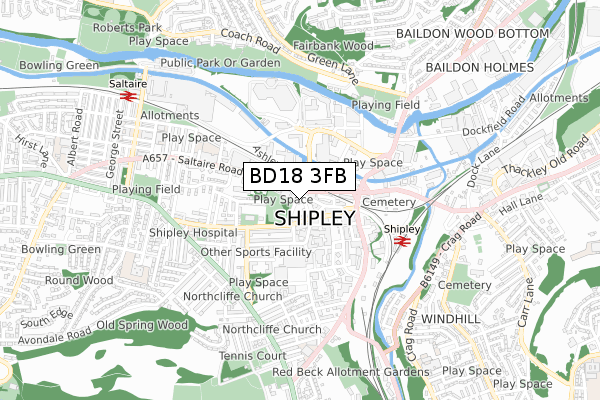 BD18 3FB map - small scale - OS Open Zoomstack (Ordnance Survey)