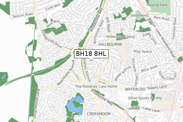 BH18 8HL map - small scale - OS Open Zoomstack (Ordnance Survey)