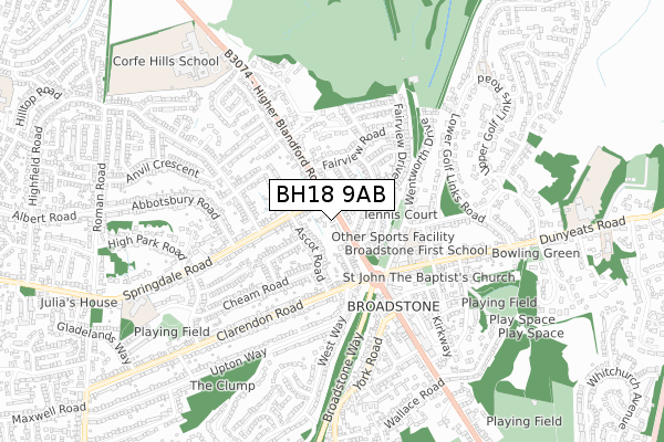 BH18 9AB map - small scale - OS Open Zoomstack (Ordnance Survey)