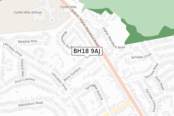 BH18 9AJ map - large scale - OS Open Zoomstack (Ordnance Survey)