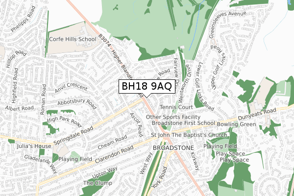 BH18 9AQ map - small scale - OS Open Zoomstack (Ordnance Survey)