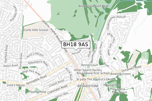 BH18 9AS map - small scale - OS Open Zoomstack (Ordnance Survey)