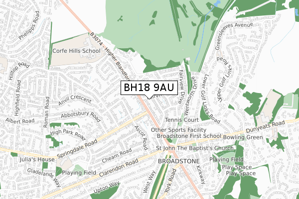 BH18 9AU map - small scale - OS Open Zoomstack (Ordnance Survey)