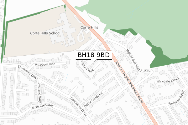 BH18 9BD map - large scale - OS Open Zoomstack (Ordnance Survey)