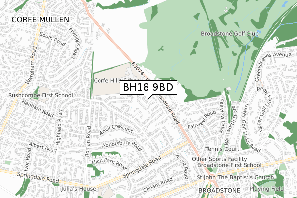 BH18 9BD map - small scale - OS Open Zoomstack (Ordnance Survey)