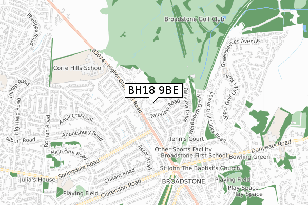 BH18 9BE map - small scale - OS Open Zoomstack (Ordnance Survey)