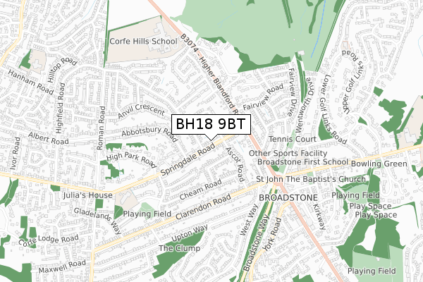 BH18 9BT map - small scale - OS Open Zoomstack (Ordnance Survey)