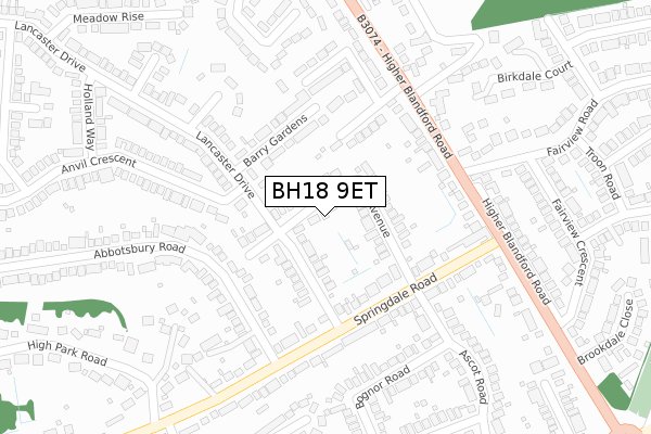 BH18 9ET map - large scale - OS Open Zoomstack (Ordnance Survey)