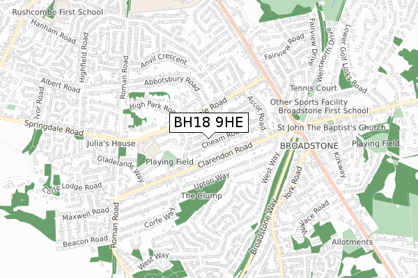BH18 9HE map - small scale - OS Open Zoomstack (Ordnance Survey)