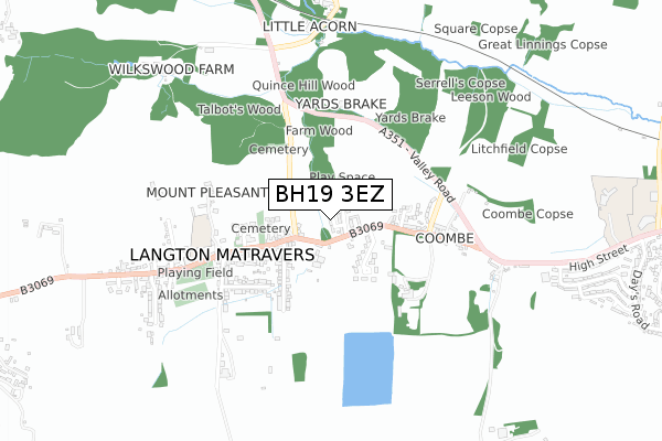 BH19 3EZ map - small scale - OS Open Zoomstack (Ordnance Survey)