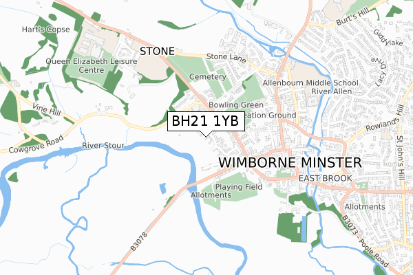 BH21 1YB map - small scale - OS Open Zoomstack (Ordnance Survey)