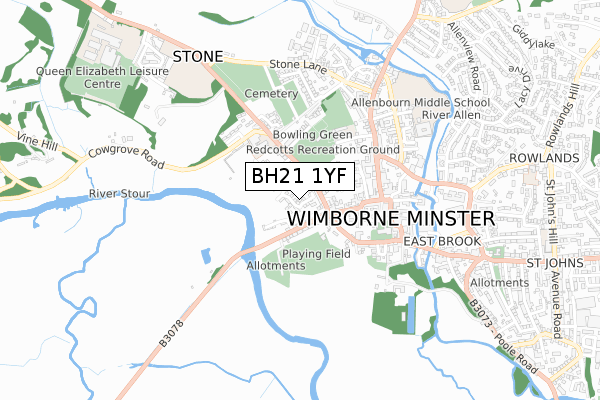 BH21 1YF map - small scale - OS Open Zoomstack (Ordnance Survey)