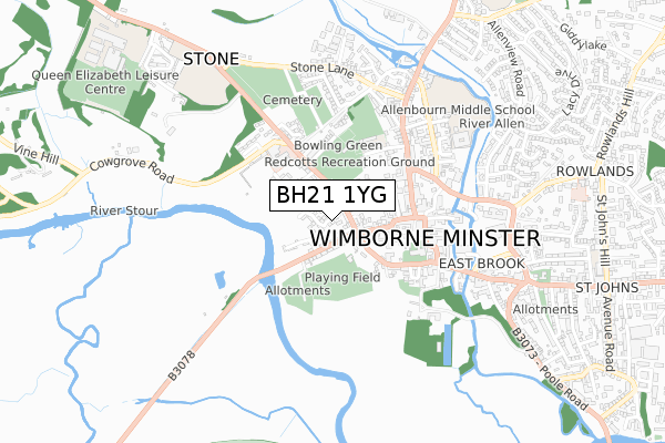 BH21 1YG map - small scale - OS Open Zoomstack (Ordnance Survey)