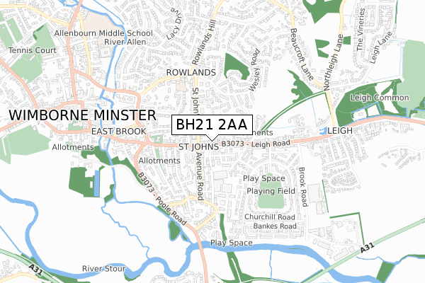 BH21 2AA map - small scale - OS Open Zoomstack (Ordnance Survey)