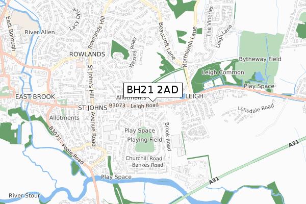 BH21 2AD map - small scale - OS Open Zoomstack (Ordnance Survey)