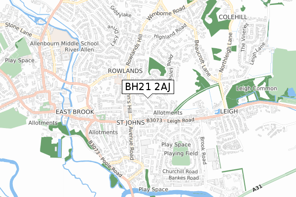 BH21 2AJ map - small scale - OS Open Zoomstack (Ordnance Survey)