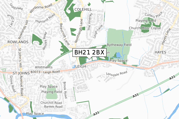 BH21 2BX map - small scale - OS Open Zoomstack (Ordnance Survey)