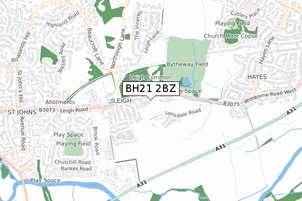 BH21 2BZ map - small scale - OS Open Zoomstack (Ordnance Survey)