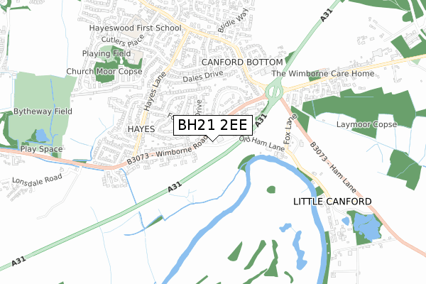 BH21 2EE map - small scale - OS Open Zoomstack (Ordnance Survey)
