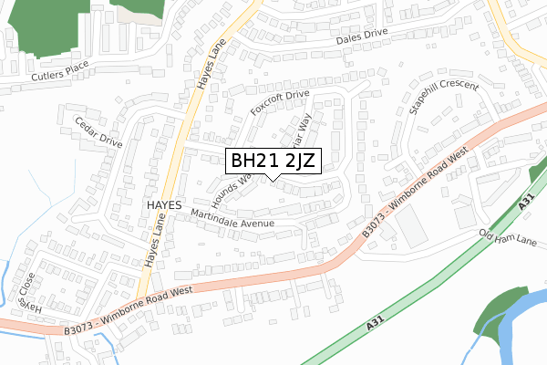 BH21 2JZ map - large scale - OS Open Zoomstack (Ordnance Survey)
