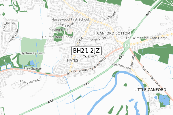 BH21 2JZ map - small scale - OS Open Zoomstack (Ordnance Survey)